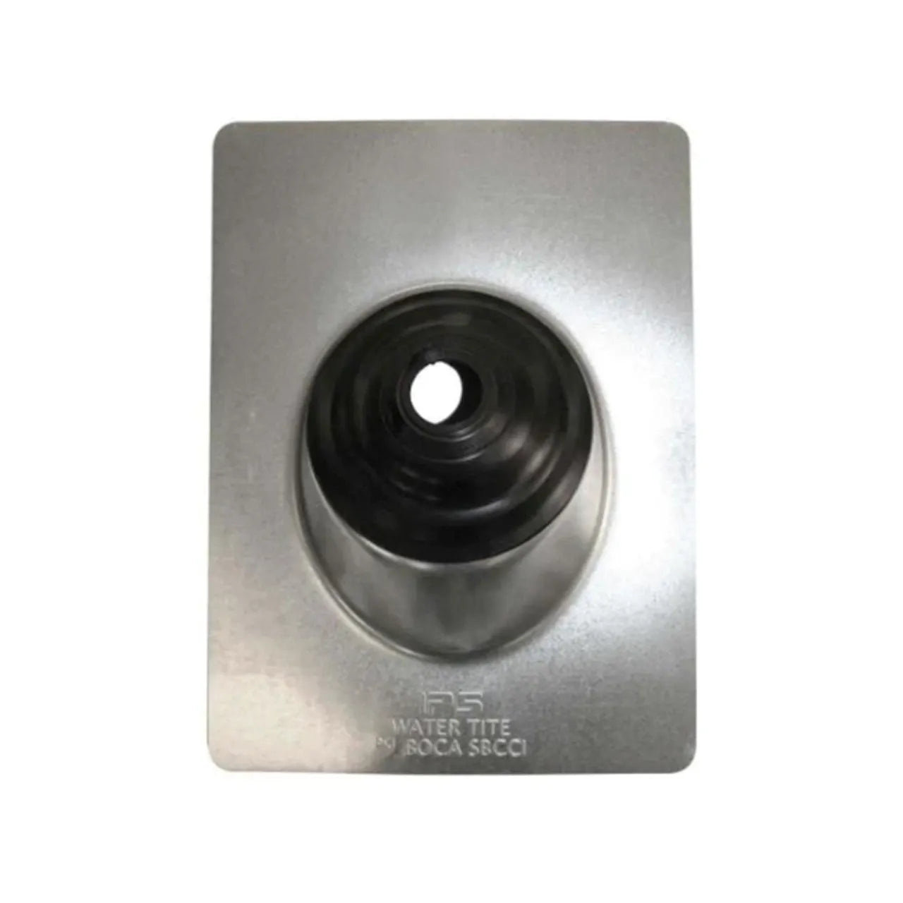 Go Build’s 3 in. to 4 in. Adjustable Pipe Flashing features an aluminum base with a raised black rubber collar and a circular top opening for pipes, engraved near the bottom edge for identification. Brand: The Fastest Way To Build.